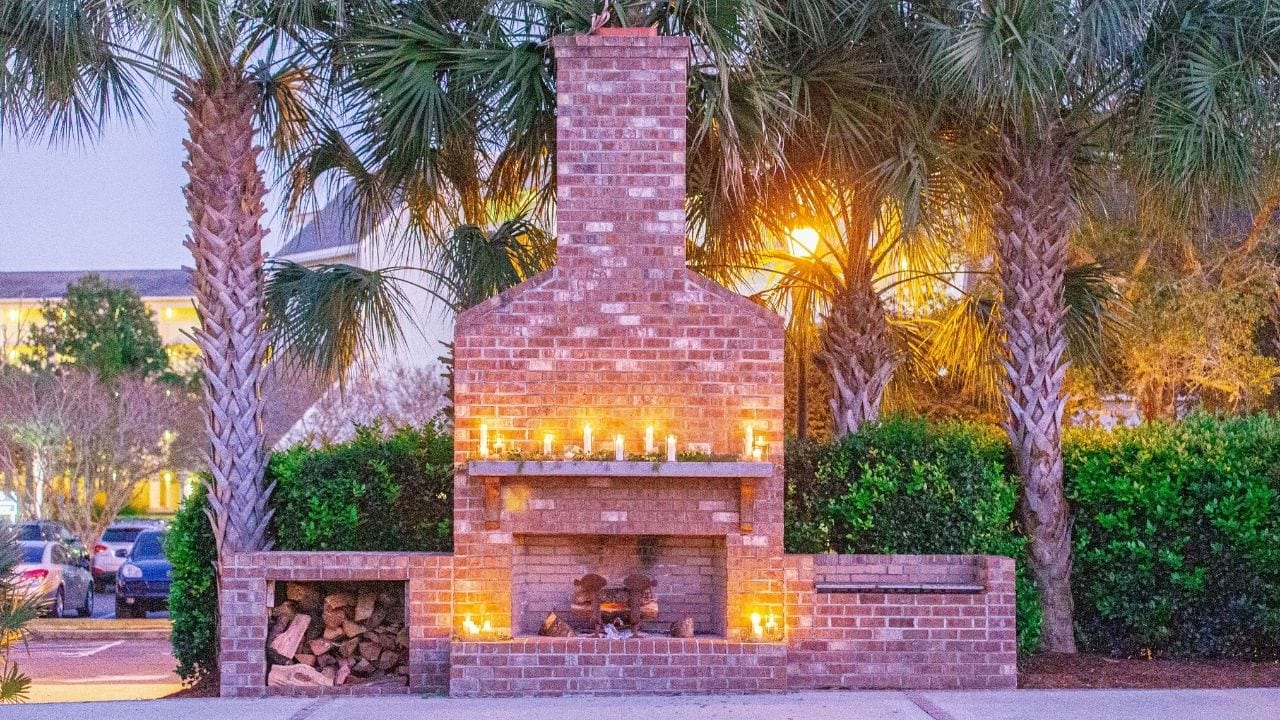 Fireplace in courtyard at night with candles