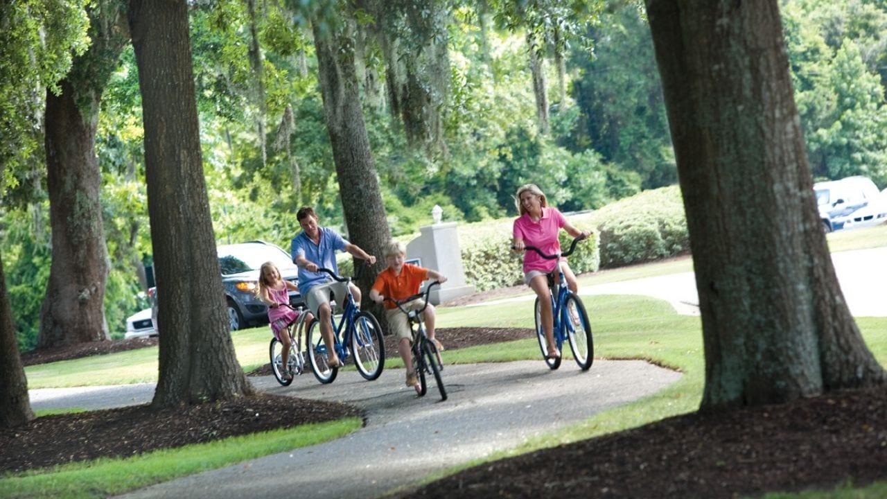 Family riding bikes at Litchfield