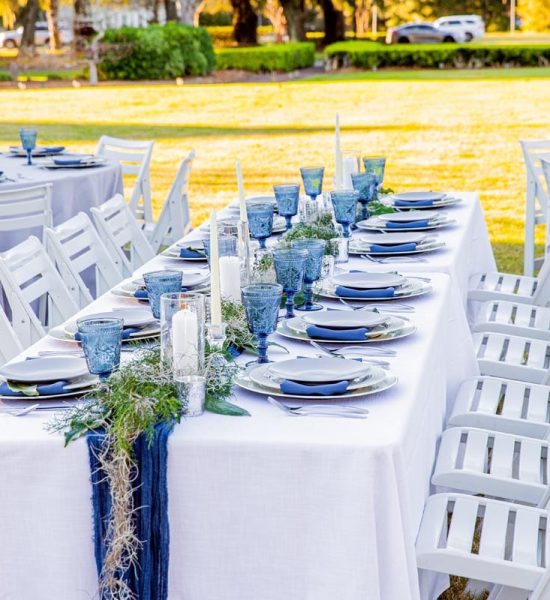 Wedding table setup on the Magnolia Lawn